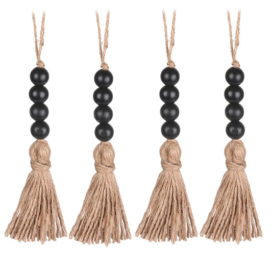 Home Decor Wood Bead Closet Pendant With Tassels Clothes Rack Garland Farmhouse Rustic Door Handle Drawer Knob