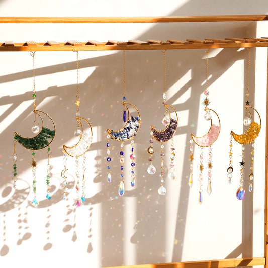 Hemasa Suncatcher Crystal Moon Star Hanging Ornament Healing Crystals Rainbow Maker for Garden Outdoor Decoration