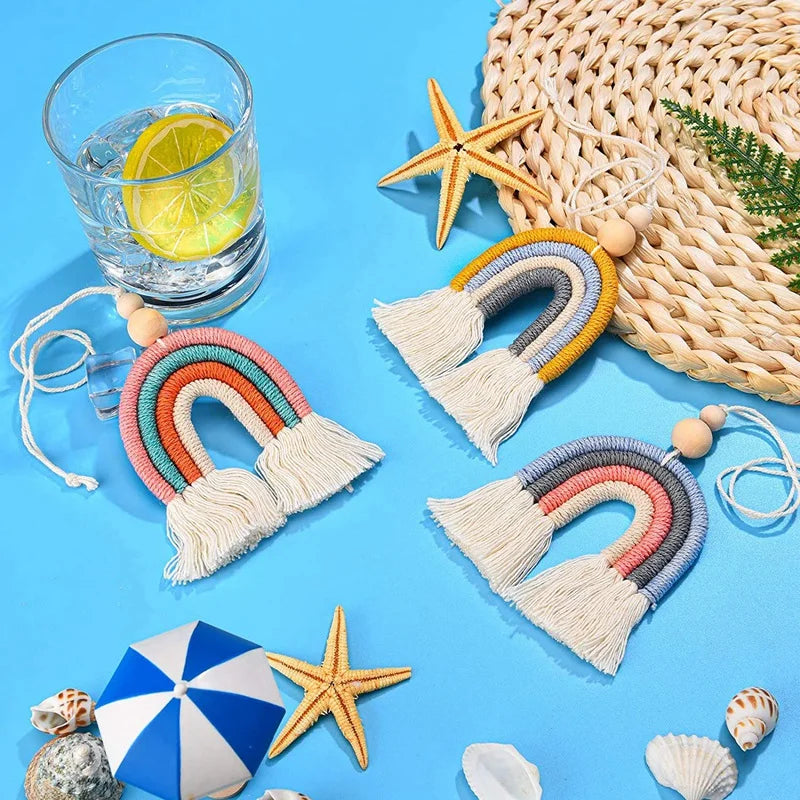 Heamsa 3Pcs Boho Rainbow Car Charm Macrame Rainbow Car Diffuser Wooden Beads Car And Home Hanging Decor