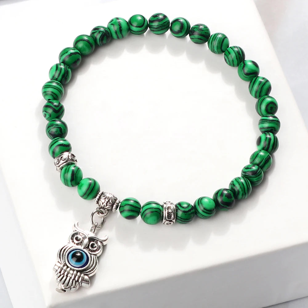 6 8mm Chakra Beads Men Bracelets Charm Owl Evil Eye Pendant Classic Tiger Eye Stone Agate Quartz Malachite Women Yoga Jewelry