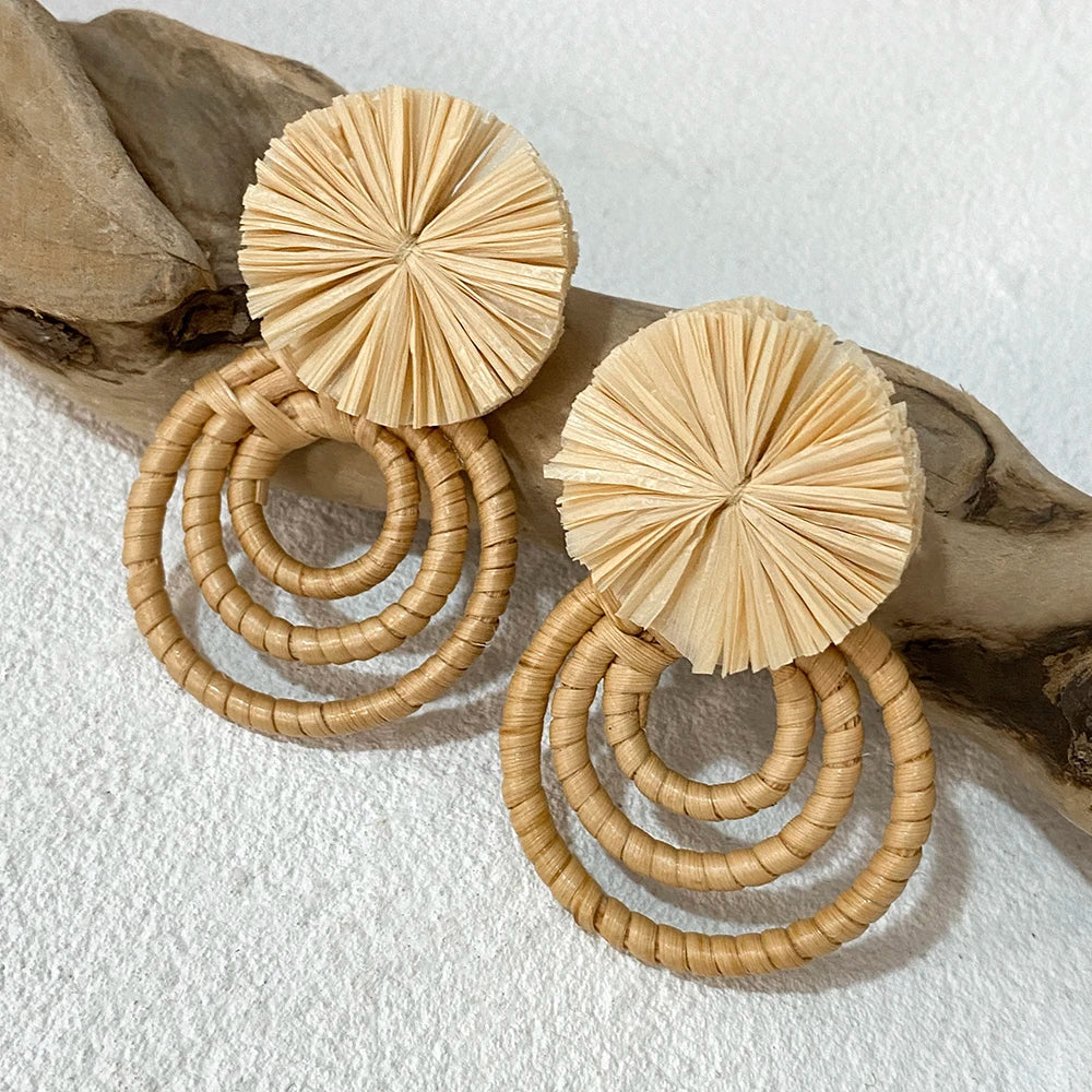 AENSOA Handmade Two Tone Rattan Knit Wrapped Round Drop Earrings for Women Geometric Circles Wooden Raffia Earrings Jewelry 2023