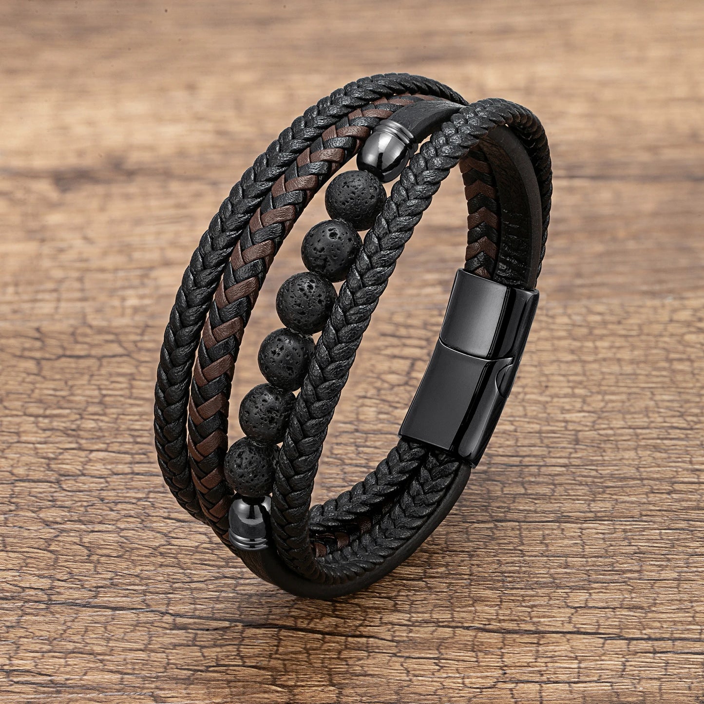 Natural Round Lava Stone Beaded Charm Bracelet Men Multilayer Woven Leather Bracelet Fashion Tiger Eye Jewelry Boyfriend Gift