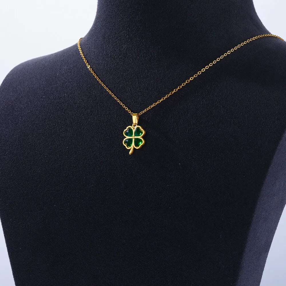 Hemasa White Zircon Four Leaf Clover Pendant Stainless Steel Necklaces For Women Aesthetic Chain Necklace Christmas Gift For Women