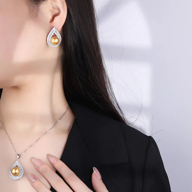 925 Silver Needle 12MM Big Pear Water-drop Earrings Necklace for Women Girls Vintage Dinner Party Gift Zircon Charm Jewelry Set