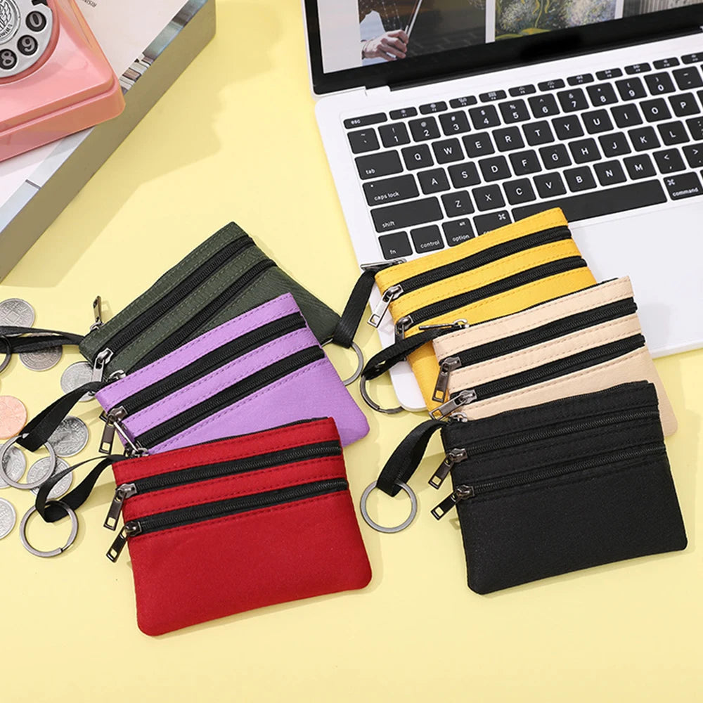 Mini Solid Coin Purse Canvas Hanging Bag Wallet 3 Zippers Coin Pouch Bag Women Girls Card Holder Short Wallet Fashion Potable