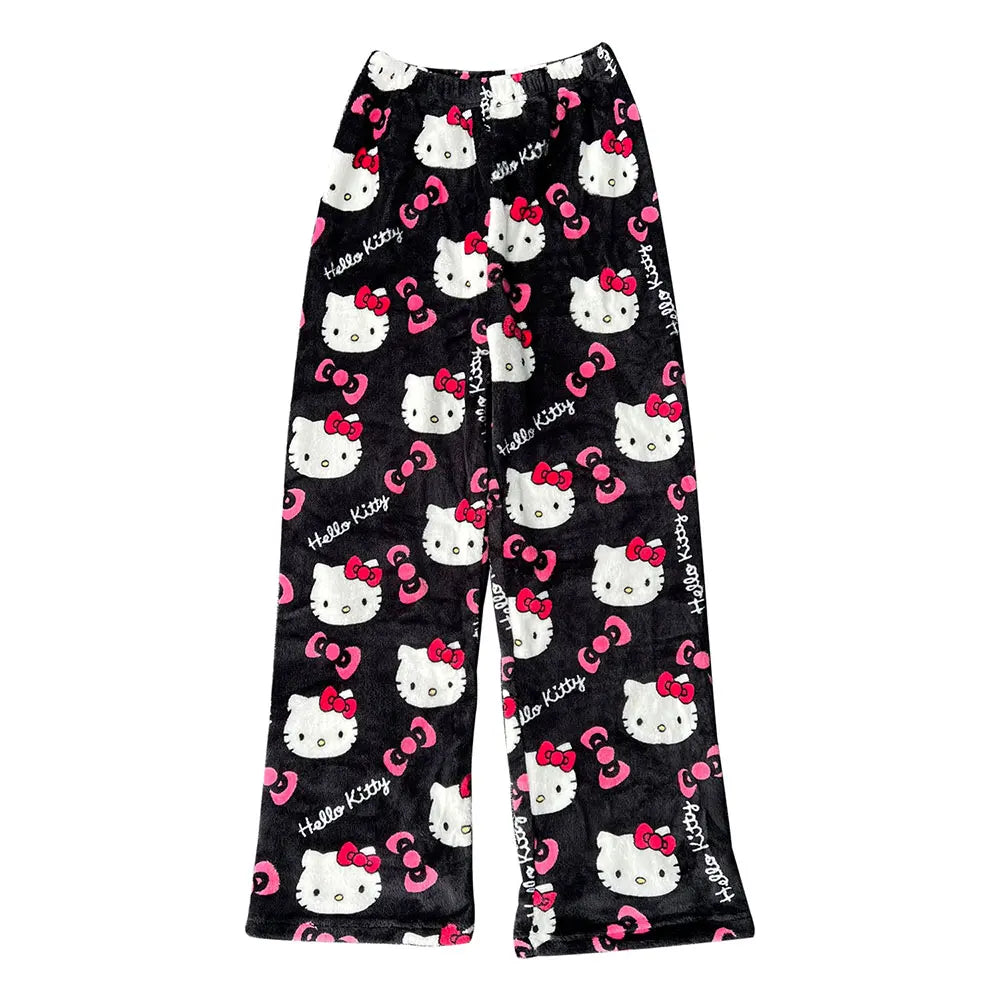 Hemasa Hello Kitty Flannel Pajamas Black Women'S Warm Woolen Cartoon Casual Home Pants In Autumn Winter Fashion Trousers