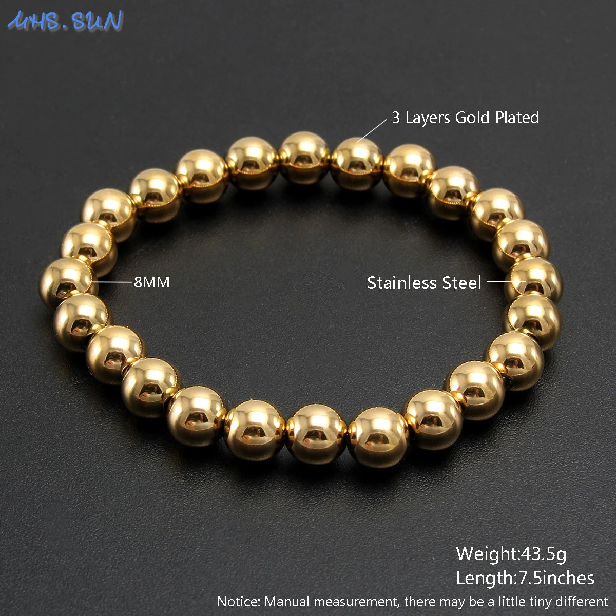 MHS.SUN Fashion Waterproof Smooth Stainless Steel Bracelets 2-10mm Elastic Beaded Gold Plated Stackable Bracelet Women Jewelry