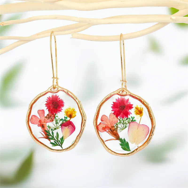 Unique Epoxy Resin Pressed Flower Earrings Women Colorful Real Flower Natural Earring Handmaking Floral Statement Jewelry 2024