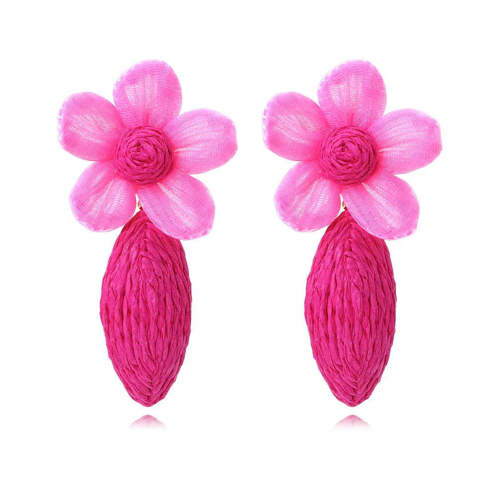Metal Raffia Oval Resin Flower Dangle Earrings for Women New Simple Charm Design Jewellery Party Accessories