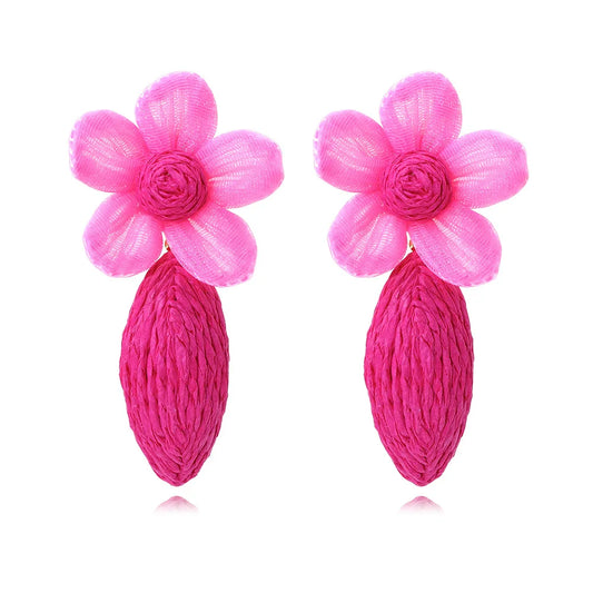 Metal Raffia Oval Resin Flower Dangle Earrings for Women New Simple Charm Design Jewellery Party Accessories