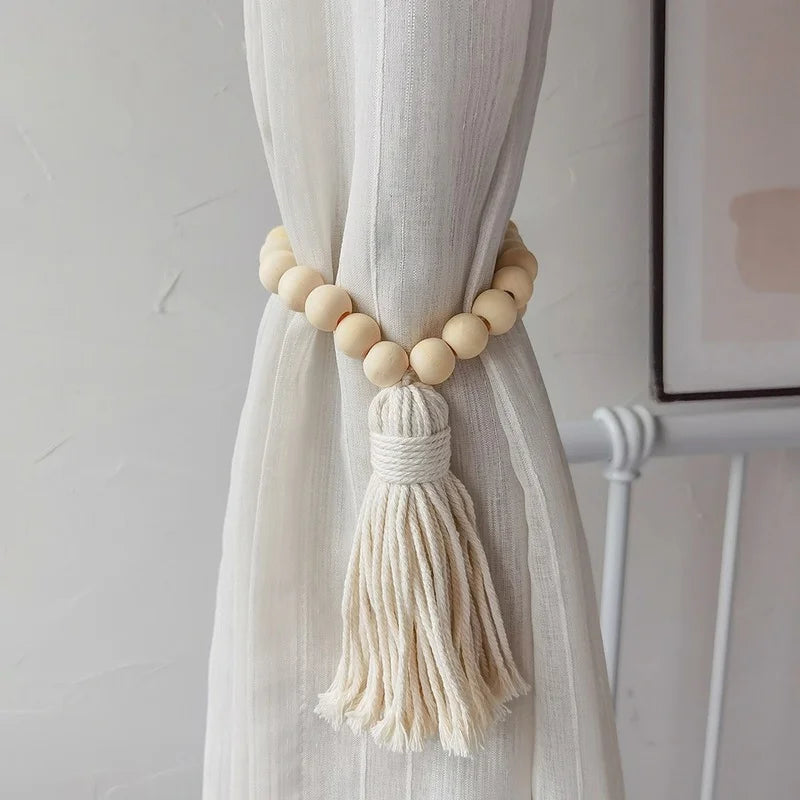 1pc Curtain Buckle Straps Hand-woven Wooden Beads Tassel Fresh Curtain Buckle Home Decoration Curtain Tieback Room Accessories