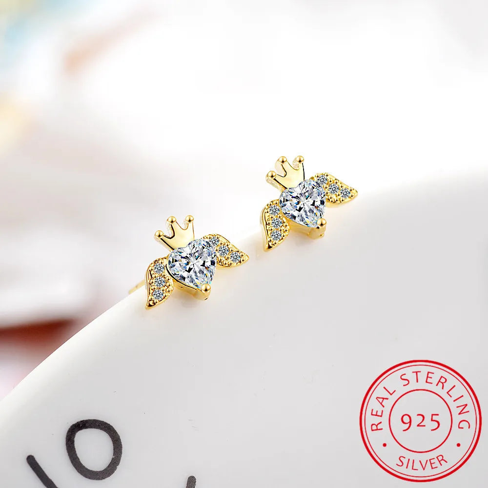 925 Sterling Silver Pink Heart Stud Earrings For Women Silver Crown Earrings For Girl Engagement Fine Jewelry