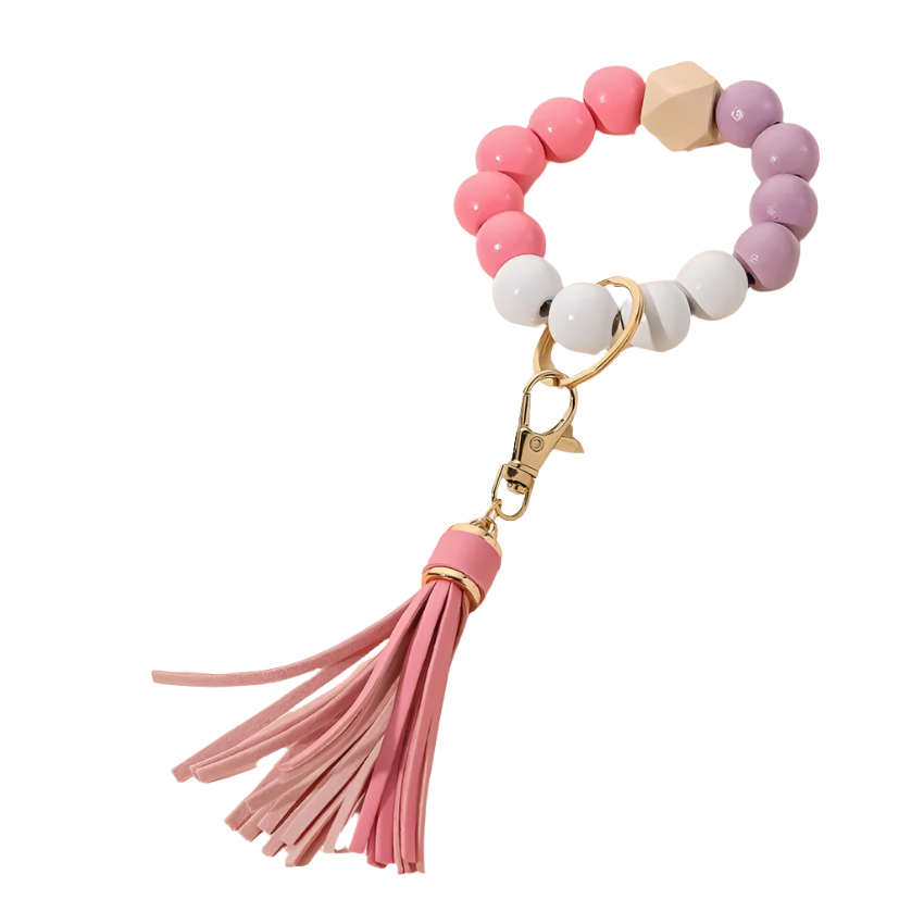 Hemasa Silicone Wooden Beads Wristlet Bracelet Keychain For Women Girl Keychain