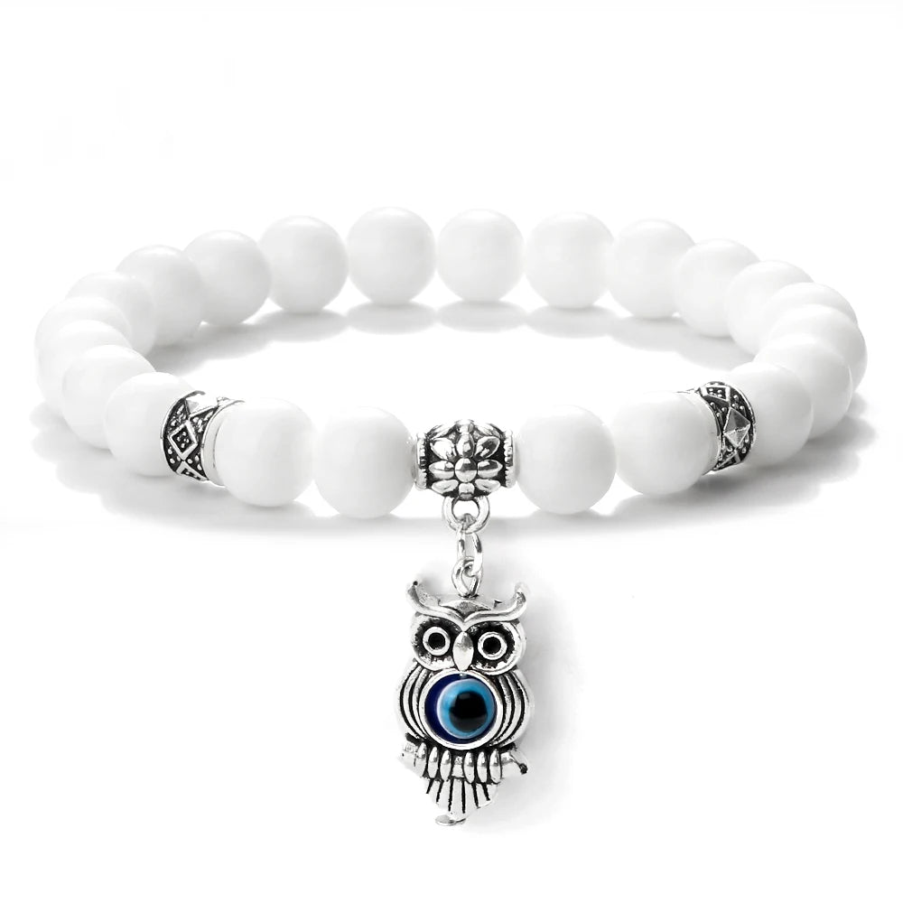 6 8mm Chakra Beads Men Bracelets Charm Owl Evil Eye Pendant Classic Tiger Eye Stone Agate Quartz Malachite Women Yoga Jewelry