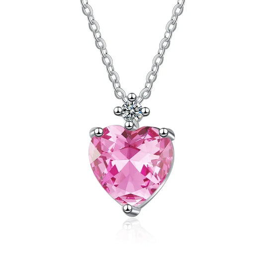 Hemasa 925 Sterling Silver  Diamond Heart-Shaped Pink Pendant Clavicle Chain Necklace (40cm +5.0cm)