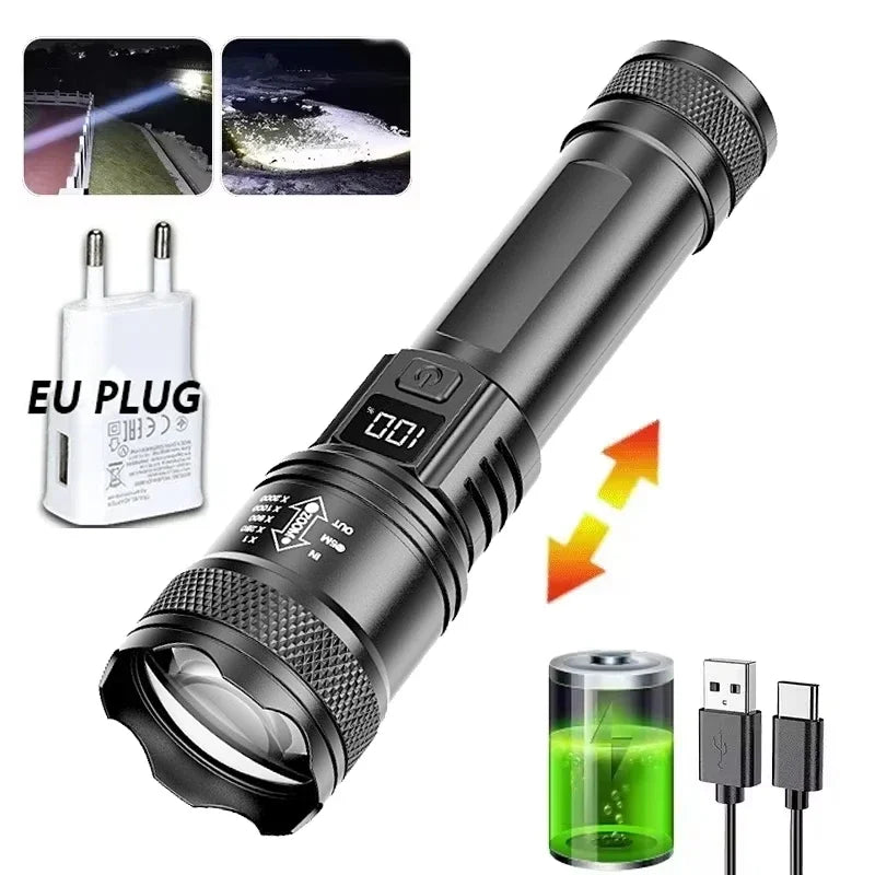 Hemasa LED Flashlight USB Rechargeable Torch with Display Zoomable Light with Battery Camping Hiking Lantern Emergency Lamp