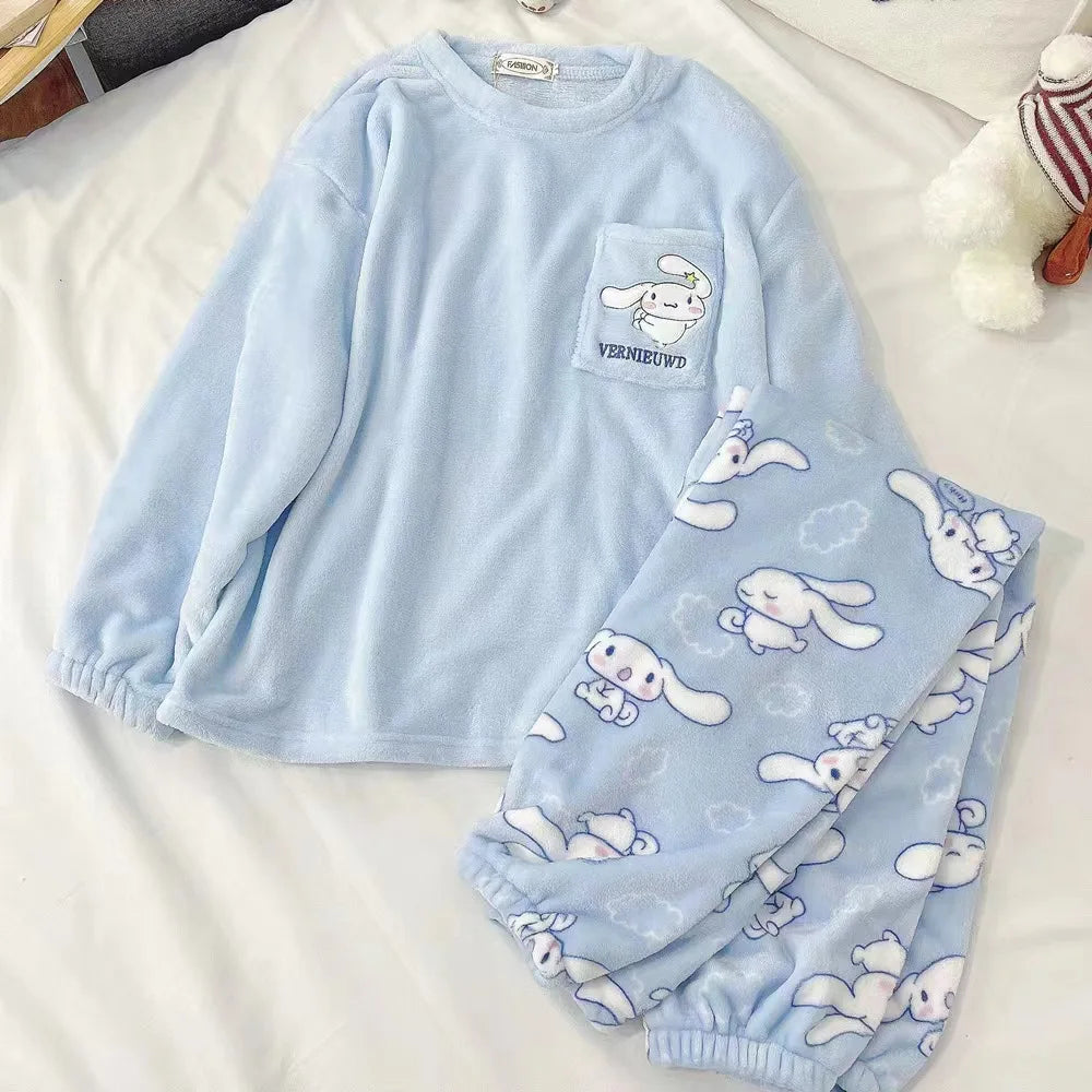 Hemasa Cinnamoroll Pajamas Kuromi My Melody Flannel Pullover Coral Velvet Winter Warm Pajamas Homewear Girl Gifts