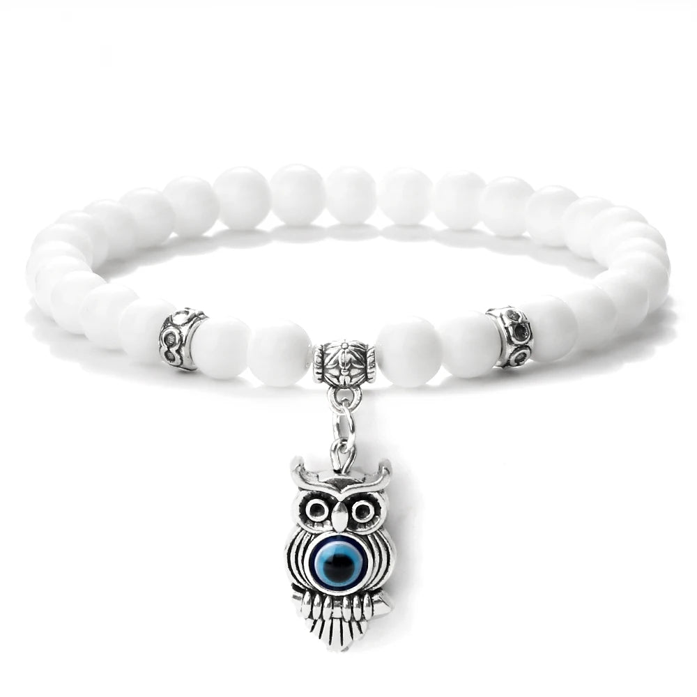 6 8mm Chakra Beads Men Bracelets Charm Owl Evil Eye Pendant Classic Tiger Eye Stone Agate Quartz Malachite Women Yoga Jewelry