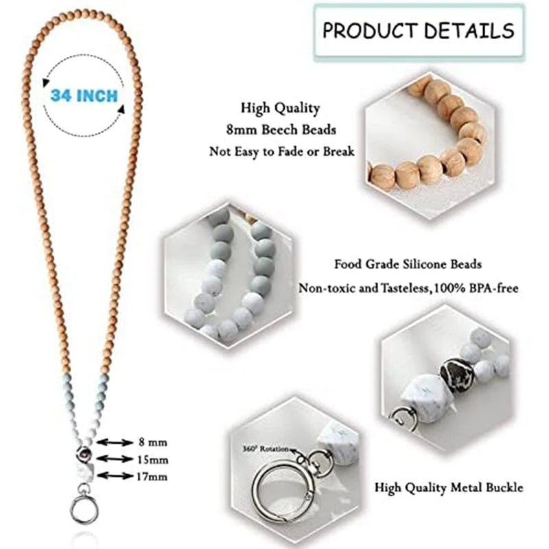 ID Badge Key Lanyard Silicone Wood Bead Lanyard Necklace School Office Work Jewelry