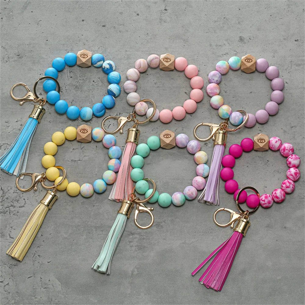 New Colorful Silicone Bead Bracelet PU Tassel Keychain Leopard Pattern Bracelet Beads Wearing Tassel Anti Loss Bracelet Keyring
