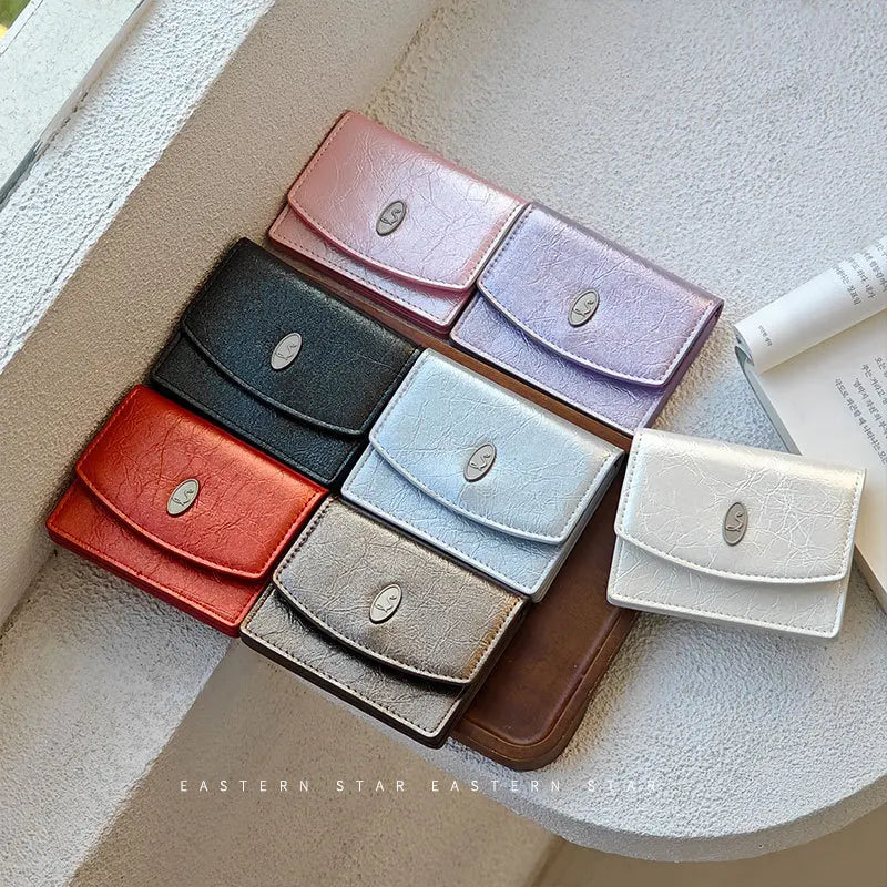 Silver Simple Card Holder Korean Luxury Design PU Leather Hasp Flip-Up Small Square Card Bag Females Girls Coin Purses Handbag