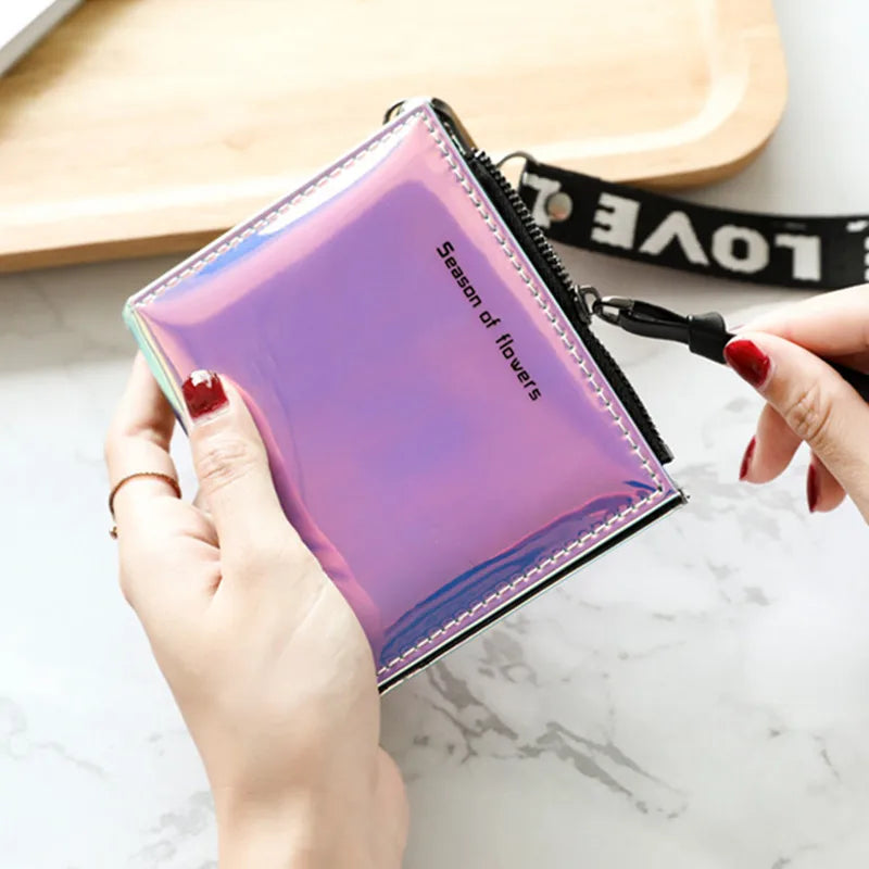 New Lanyard Laser Holographic Wallet Women Wallets Lady Short Purse Portfel Card Holder Women's Small Wallet Coin Purse Carteras