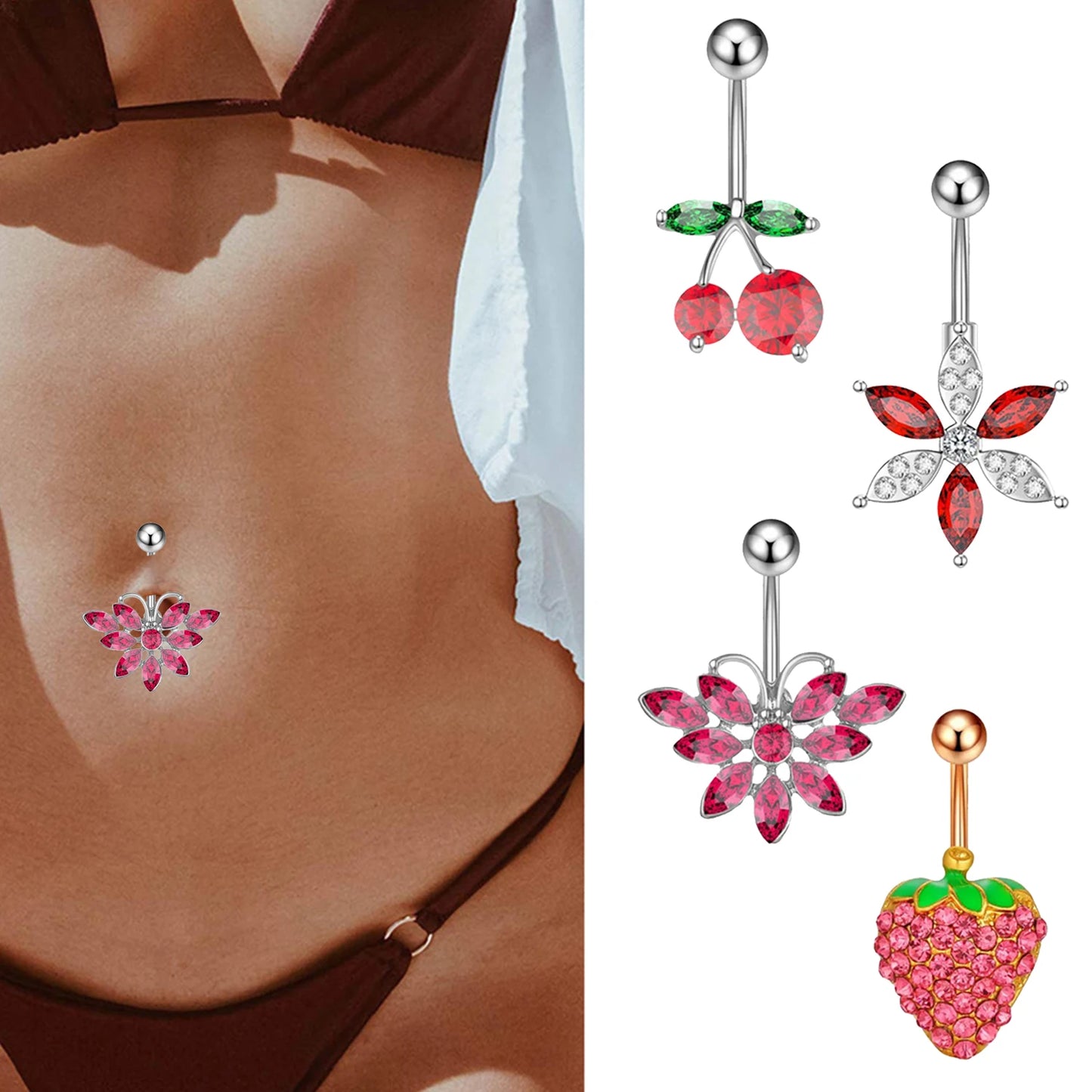 New Cherry Strawberry Flower Belly Button Rings Dangle Navel Barbell Piercing for Women Christmas Gifts