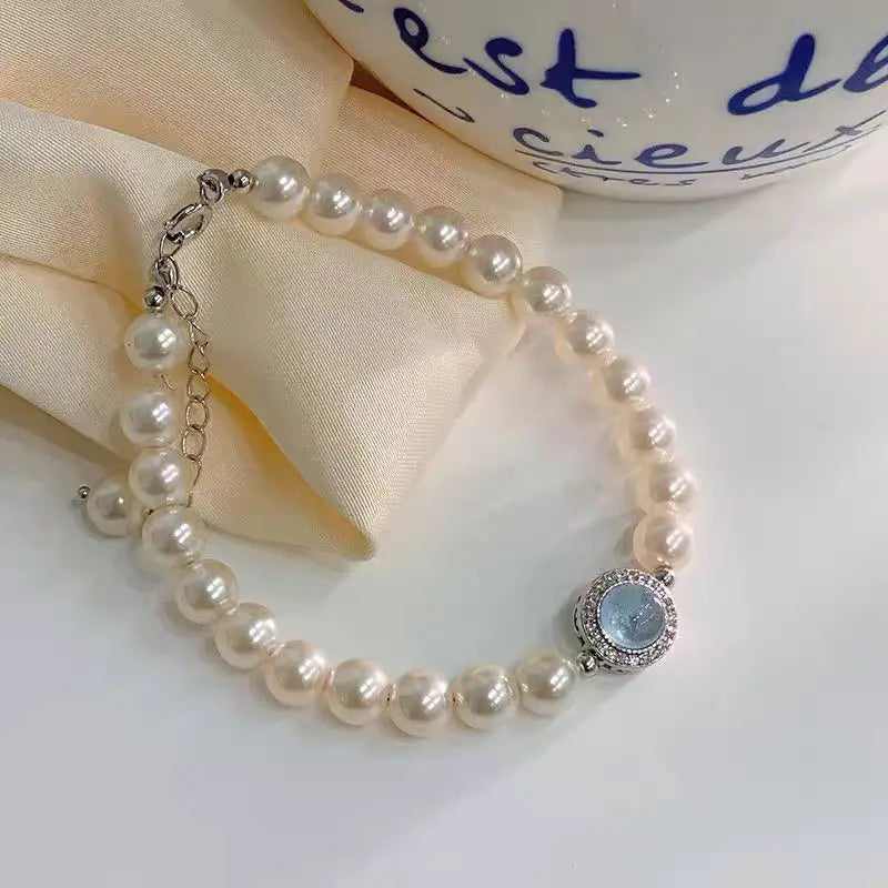 925 Sterling Silver Blue Zircon Pearl Bracelet Women French Vintage Luxury Charm Bracelets Fashion Party Jewelry Holiday Gifts