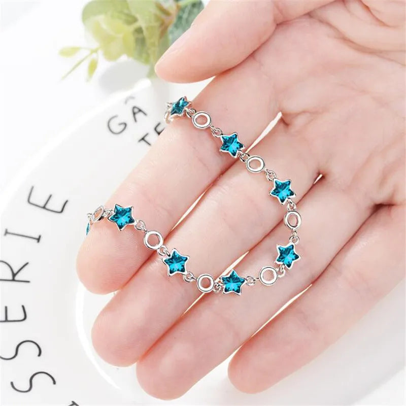 925 Sterling Silver Rhinestone Stars Charm Bracelets &Bangle For Women Girl Fine Jewelry Student Present XB109