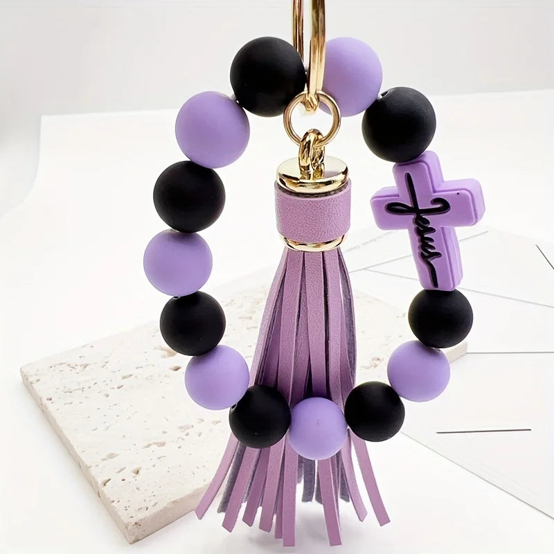 One Cross Silicone Rubber Paint Round Bead Bracelet Keychain