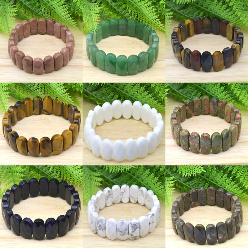 Natural 10x14mm Oval Shape Faceted Elastic Cord Stone Agates Turquoise Obsidian Amethyst Bracelets Bangles Femme for Women