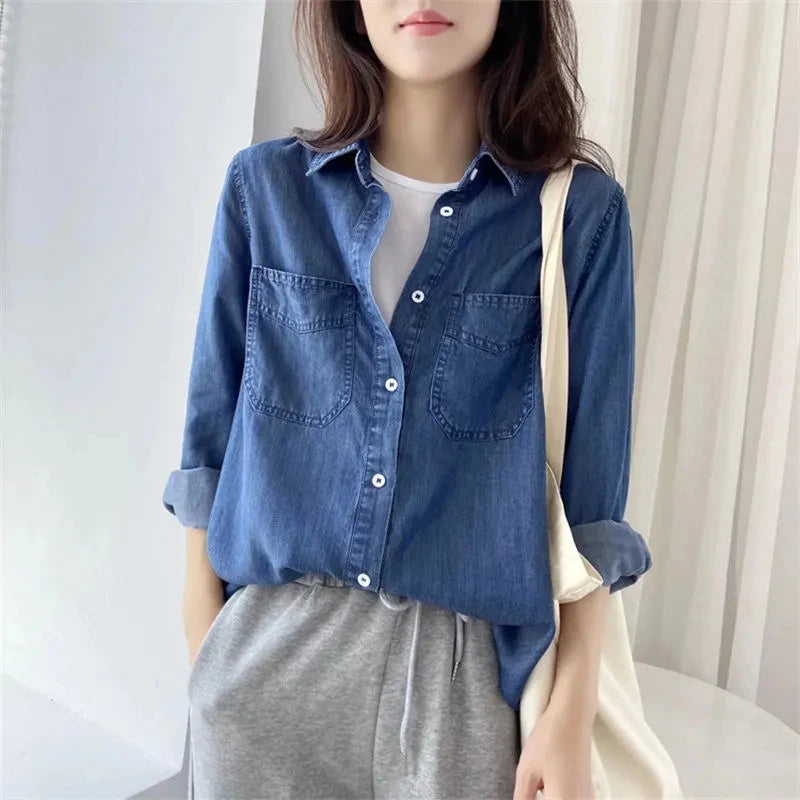Hemasa Spring Autumn Women Soft Denim Shirt Coat Female Loose Fit Fashion Jeans Cardigan Blouse Jacket
