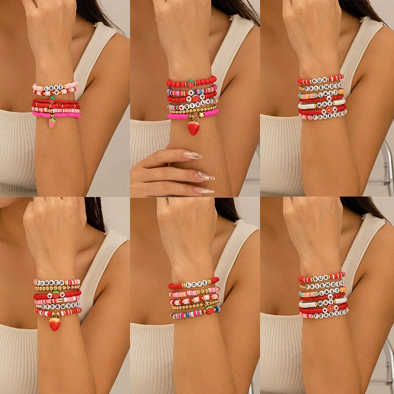 Hemasa Sweet Strawberry Pendant with Polymer clay   Beads Adjustable  Bracelets Set for Women