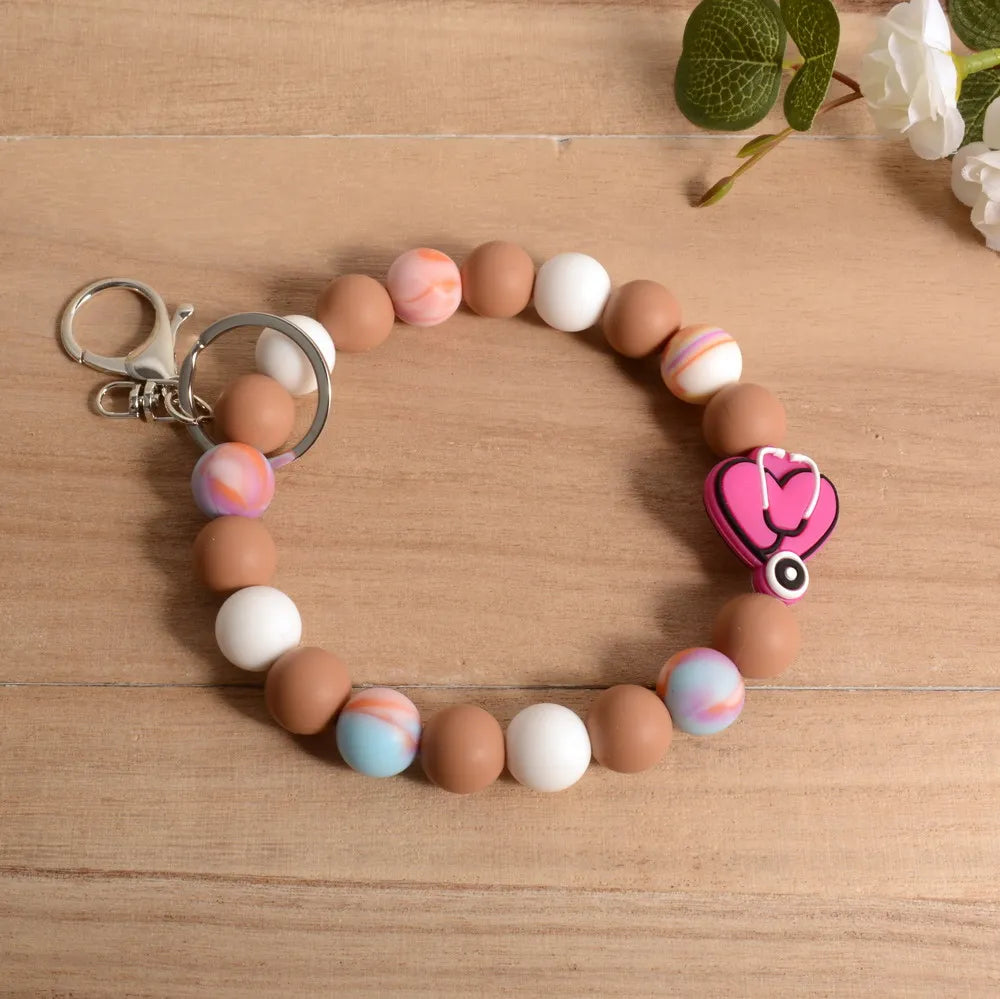 Personalized Bangle Silicone Bead stethoscope Stretch Wristlet bracelet Keychain with Keyring Gift for Teacher Mom Nurse Gift