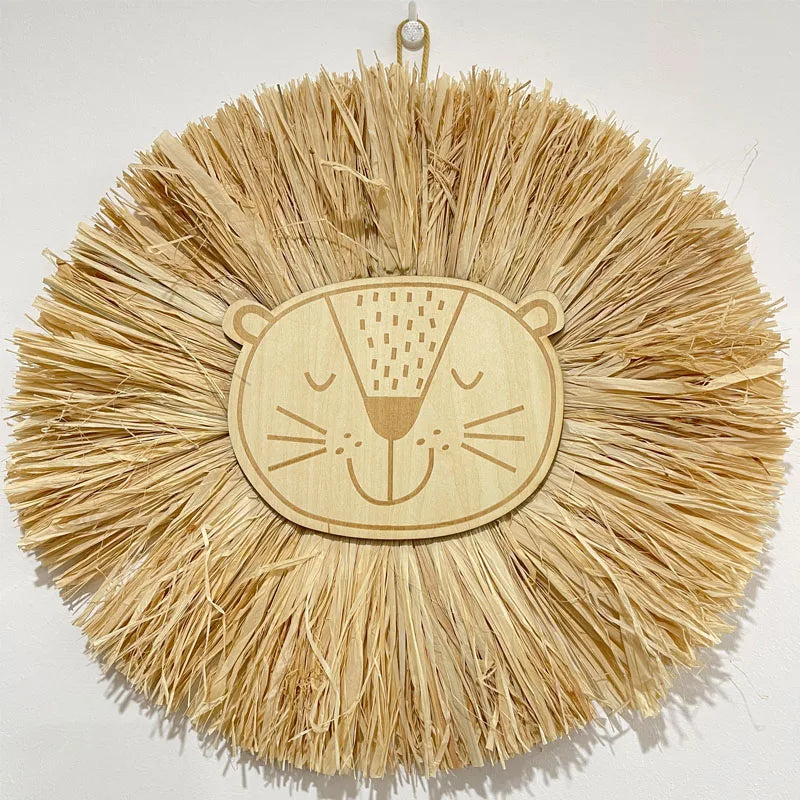 Nordic Nursery Decor Handmade Wood Straw Woven Cartoon Lion Decoration Wall Hanging Ornament for Children's Room Decoration