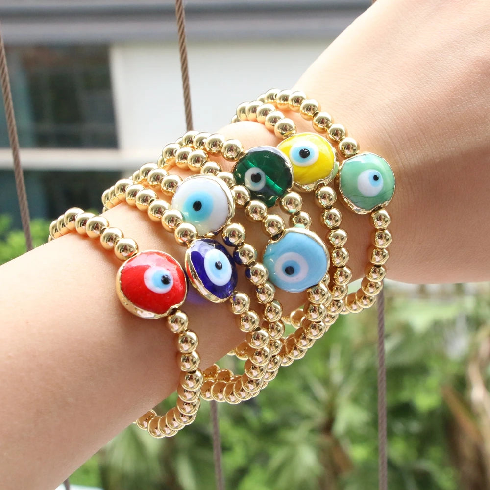 5PCS, Gold Bead Bracelet 6mm Ball Bead Bracelets, Eye Lampwork Glass Bracelet Gold Plated Ball Chain Stacking Bracelets