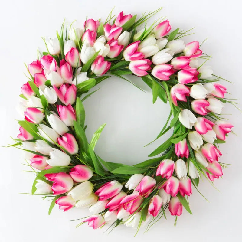 Artificitial Tulip Wreath Front Door Hanging Decoration 40cm Floral Garland Wall Pendant for Home Decor Wedding