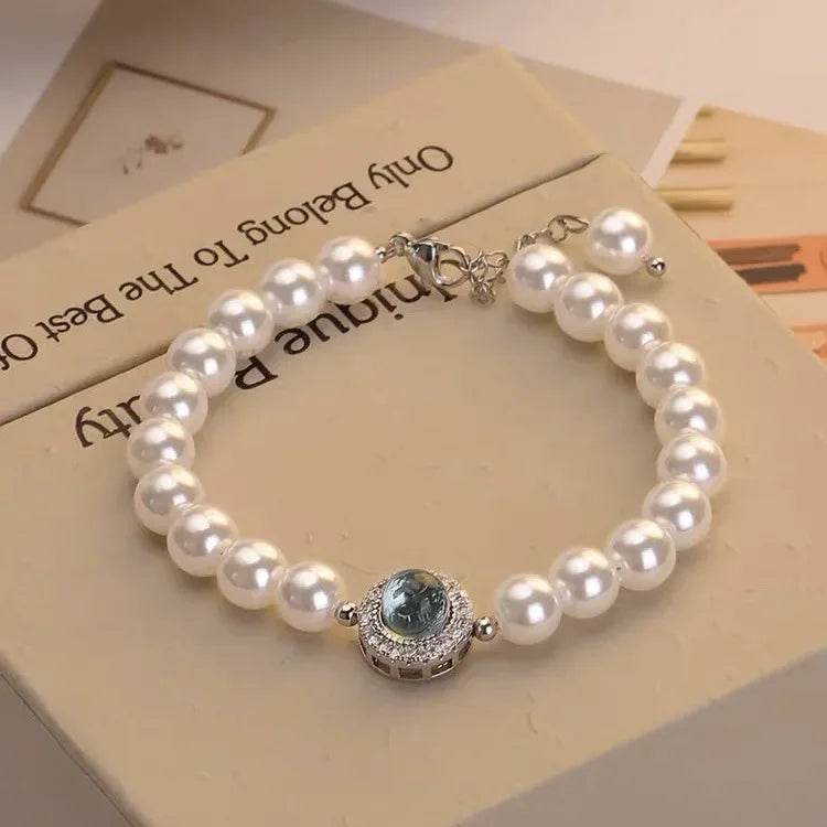 925 Sterling Silver Blue Zircon Pearl Bracelet Women French Vintage Luxury Charm Bracelets Fashion Party Jewelry Holiday Gifts