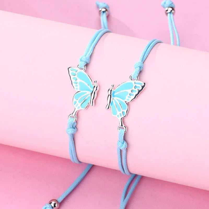 Lovecryst 2pcs/set Drip oil Couples Bracelets best friend Butterfly Bracelet Adjustable BFF Friendship Jewelry Gifts For Kids