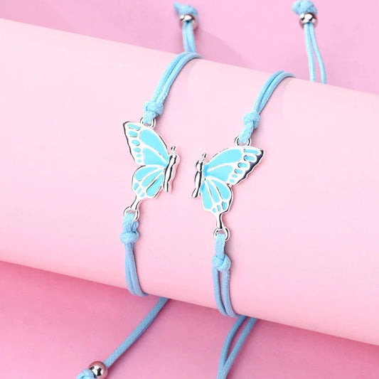 Lovecryst 2pcs/set Drip oil Couples Bracelets best friend Butterfly Bracelet Adjustable BFF Friendship Jewelry Gifts For Kids