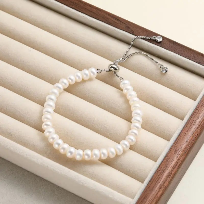 HENGSHENG Copper Chain Natural Freshwater White Pearl Bracelet Bread Bead Trendy Simple Fine Jewelry For Women Girls Gifts Daily