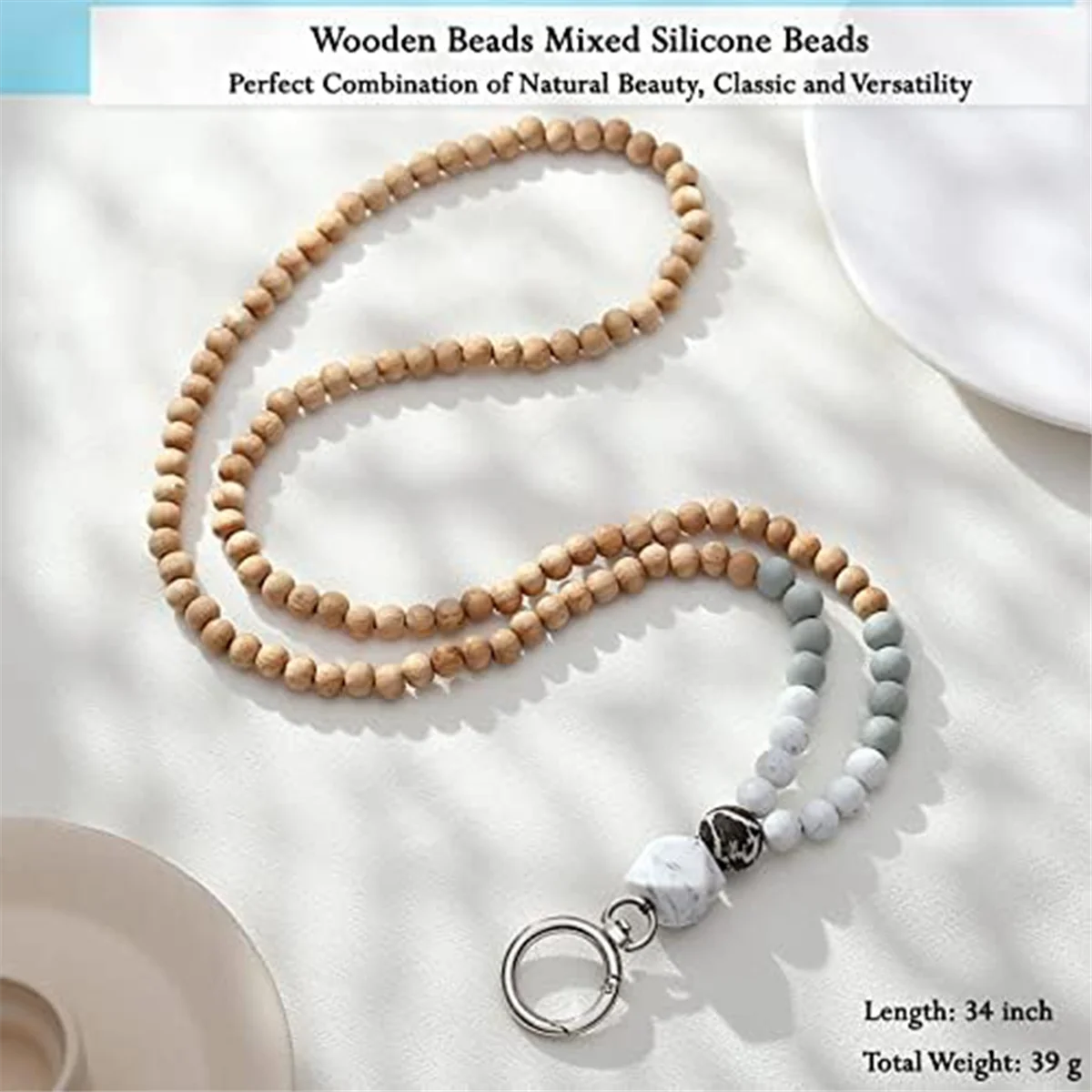 Hemasa ID Badge Key Lanyard Women's Cute Teacher Lanyard / Silicone Wood Bead Lanyard Necklace School Office Work Jewelry