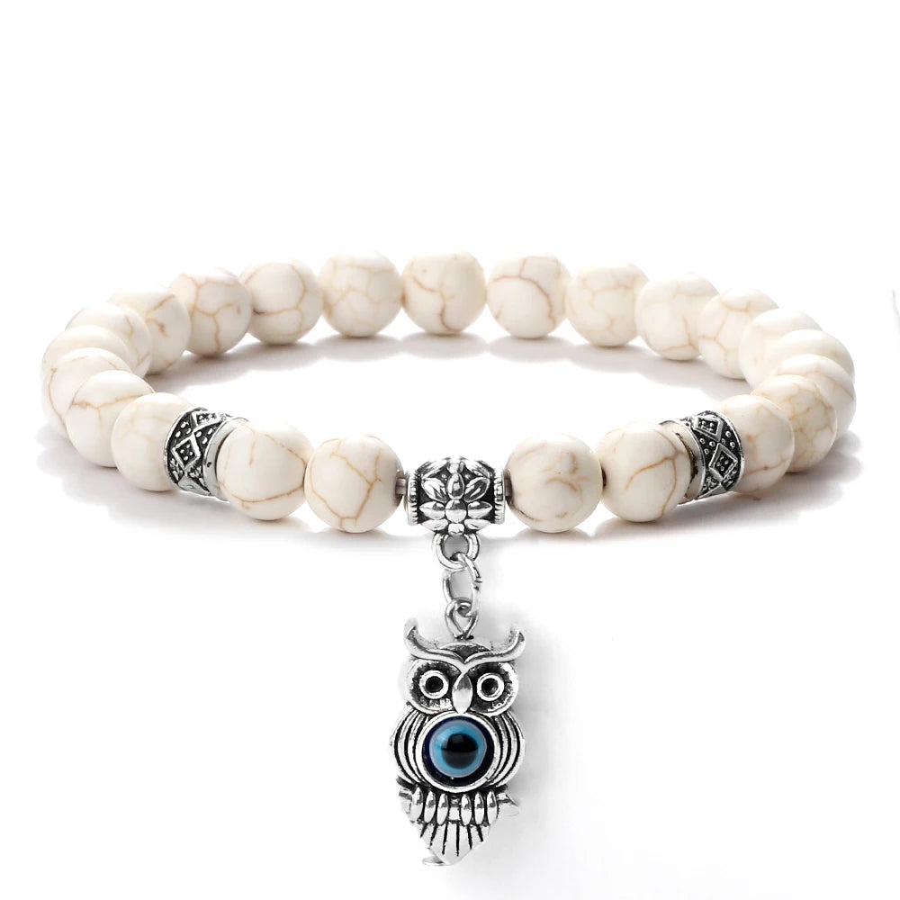 6 8mm Chakra Beads Men Bracelets Charm Owl Evil Eye Pendant Classic Tiger Eye Stone Agate Quartz Malachite Women Yoga Jewelry