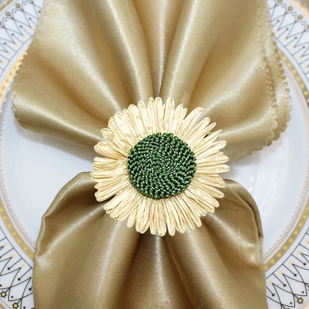 8PCS Sunflower Napkin Ring Raffia Handmade Daisy Flower Napkin Holder for Valentine Wedding Thanksgiving Party Table Decor HWF77