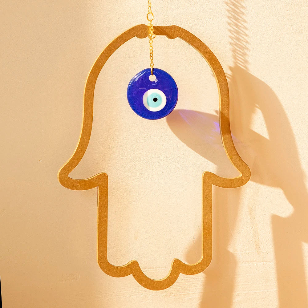 Hemasa Wood Hamsa Hand Evil Eye Wall Hanging Ornament Turkish Blue Eye Amulet Protection Good Luck Room Home Blessing Hamsa Decor Gift