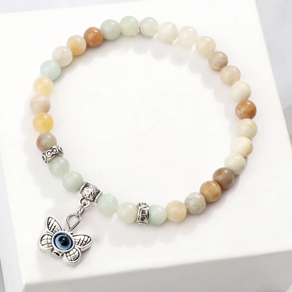 Heamsa 6mm Beads Bracelet with Butterfly Charm for Women