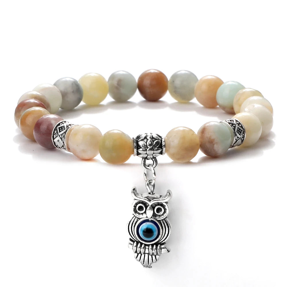 6 8mm Chakra Beads Men Bracelets Charm Owl Evil Eye Pendant Classic Tiger Eye Stone Agate Quartz Malachite Women Yoga Jewelry