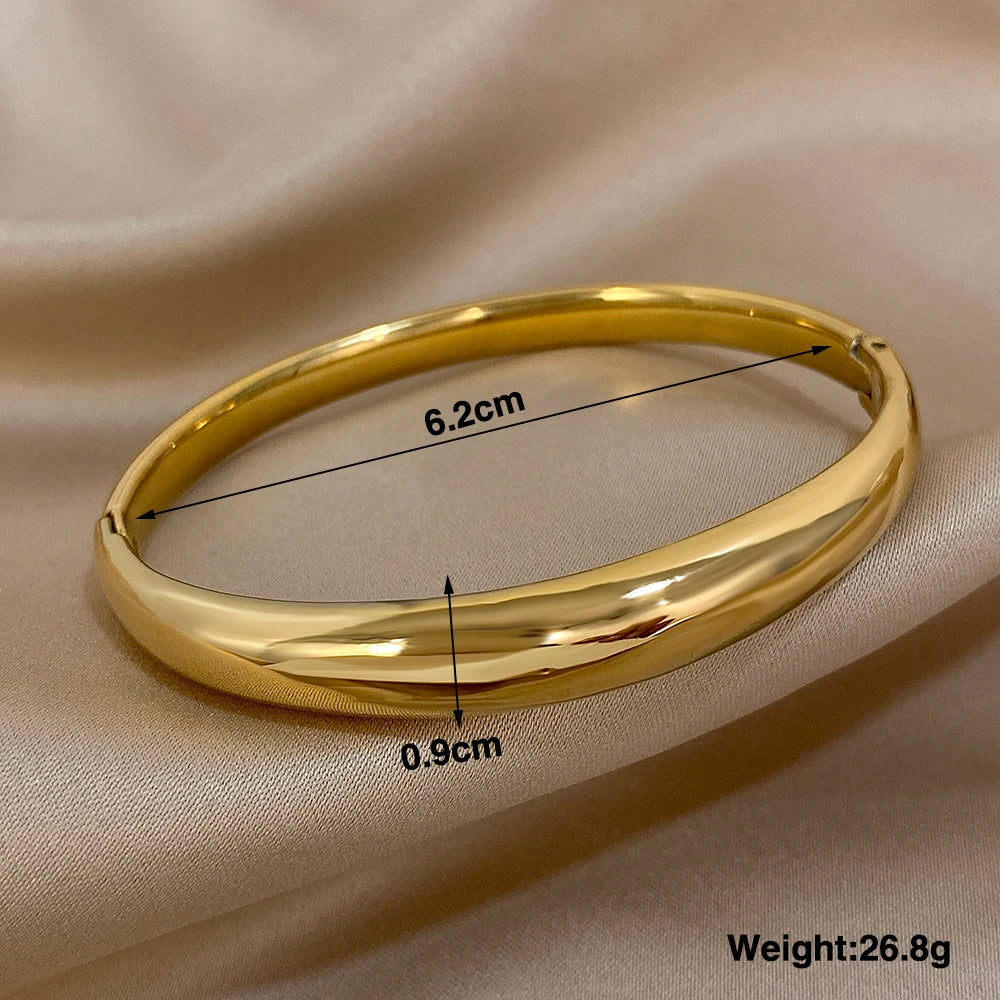 Greatera Chunky Smooth Stainless Steel Cuff Bracelet Bangle for Women Gold Plated Curved Thick Bracelets Waterproof Jewelry