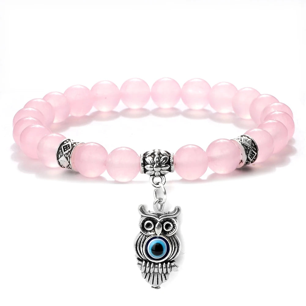 6 8mm Chakra Beads Men Bracelets Charm Owl Evil Eye Pendant Classic Tiger Eye Stone Agate Quartz Malachite Women Yoga Jewelry