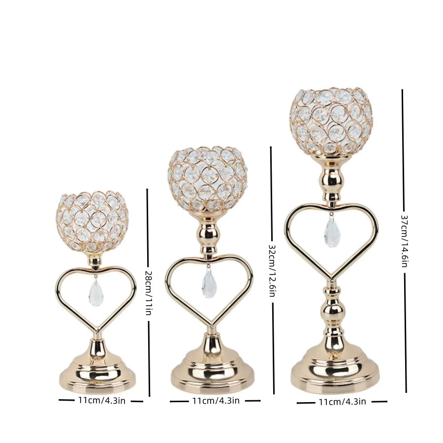 Hemasa Golden Crystal Candle Holder Dwarf Tealight Candle Holders/Iron Heart Candlestick/ Small Vintage Candlestick Set for Table